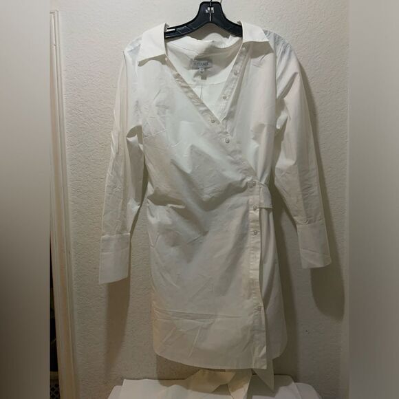 Intermix Maggie Cotton Poplin Asymmetrical Button Wrap Shirt Dress White 6 - Picture 5 of 12